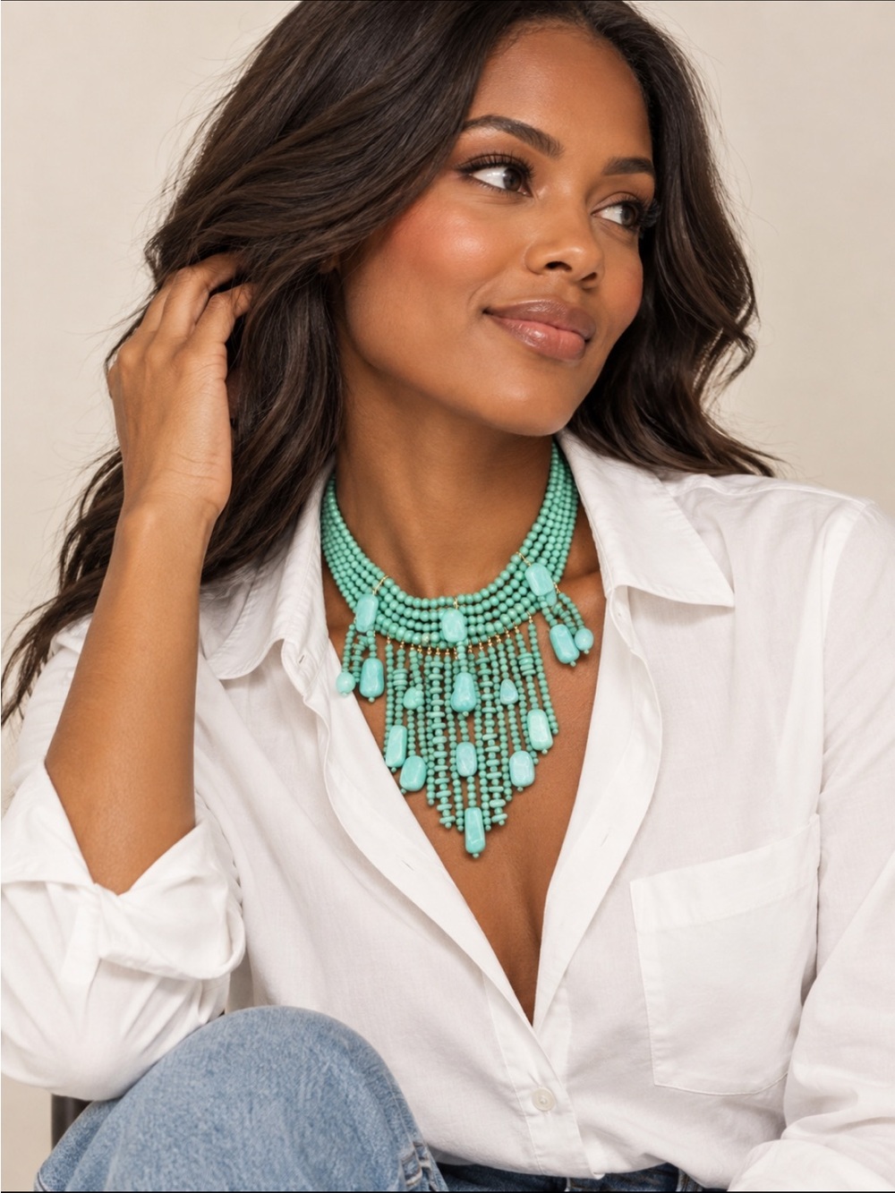 New! Capri Turquoise Beaded Fringe Bib Statement Necklace NWOT